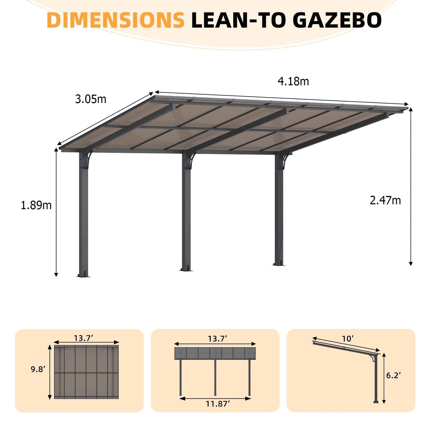 YODOLLA 4x3m Freestanding Hardtop Lean to Gazebo Pergola for Patio
