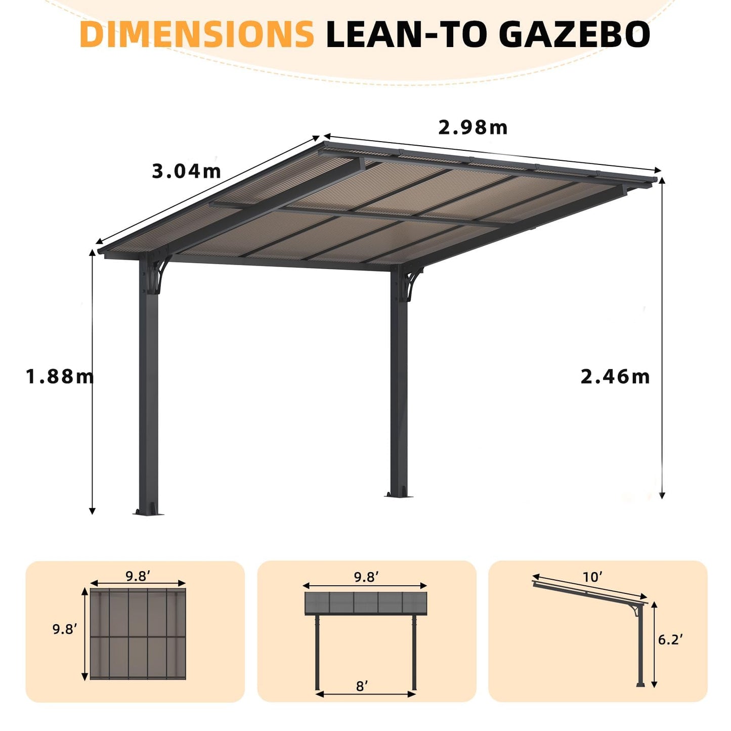 YODOLLA 3x3m Freestanding Hardtop Lean to Gazebo Pergola for Patio