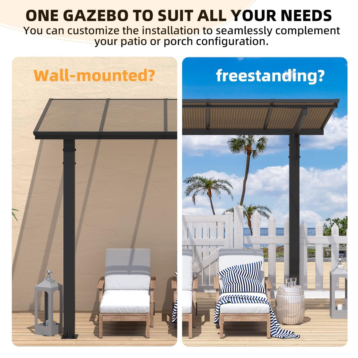 YODOLLA 2.4x2.4m Freestanding Hardtop Lean to Gazebo Pergola for Patio