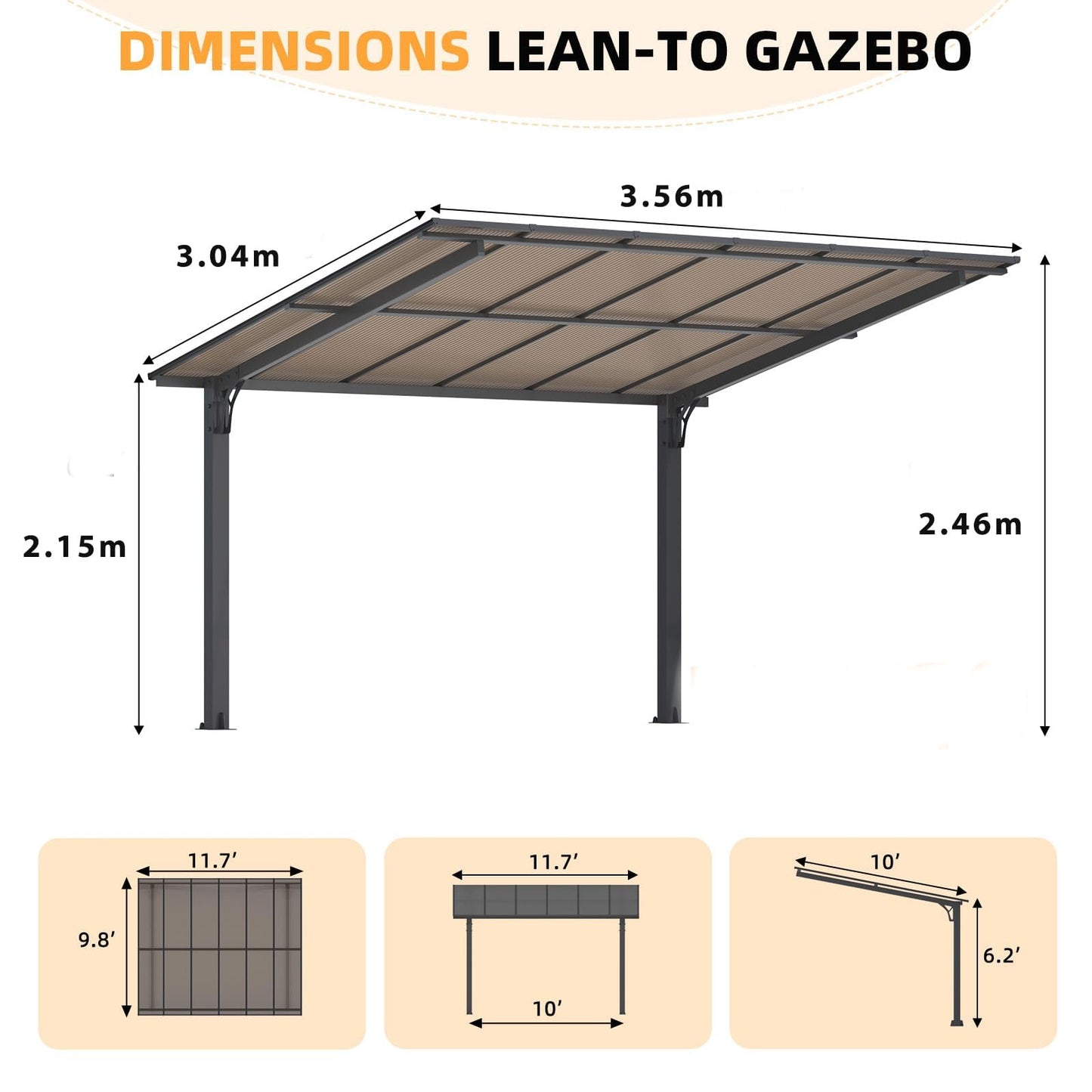 YODOLLA 3.56x3m Freestanding Hardtop Lean to Gazebo Pergola for Patio