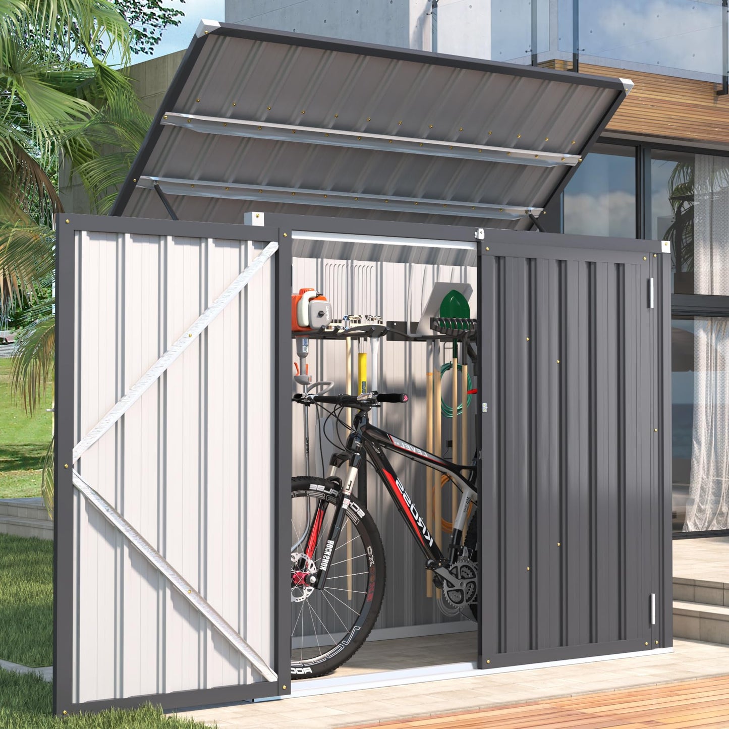 YODOLLA Outdoor Trash Can Storage Shed, Garden Storage Box, Metal Outdoor Shed with Double Door
