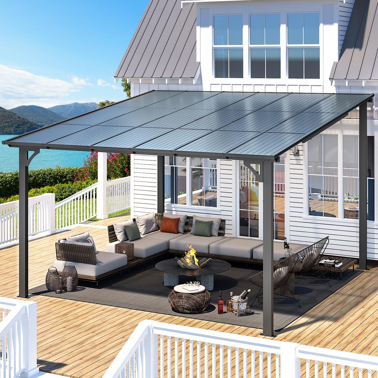 YODOLLA 3.65m x 3.65m Wall-Mounted Aluminium Awning Gazebo, Lean to Pergola