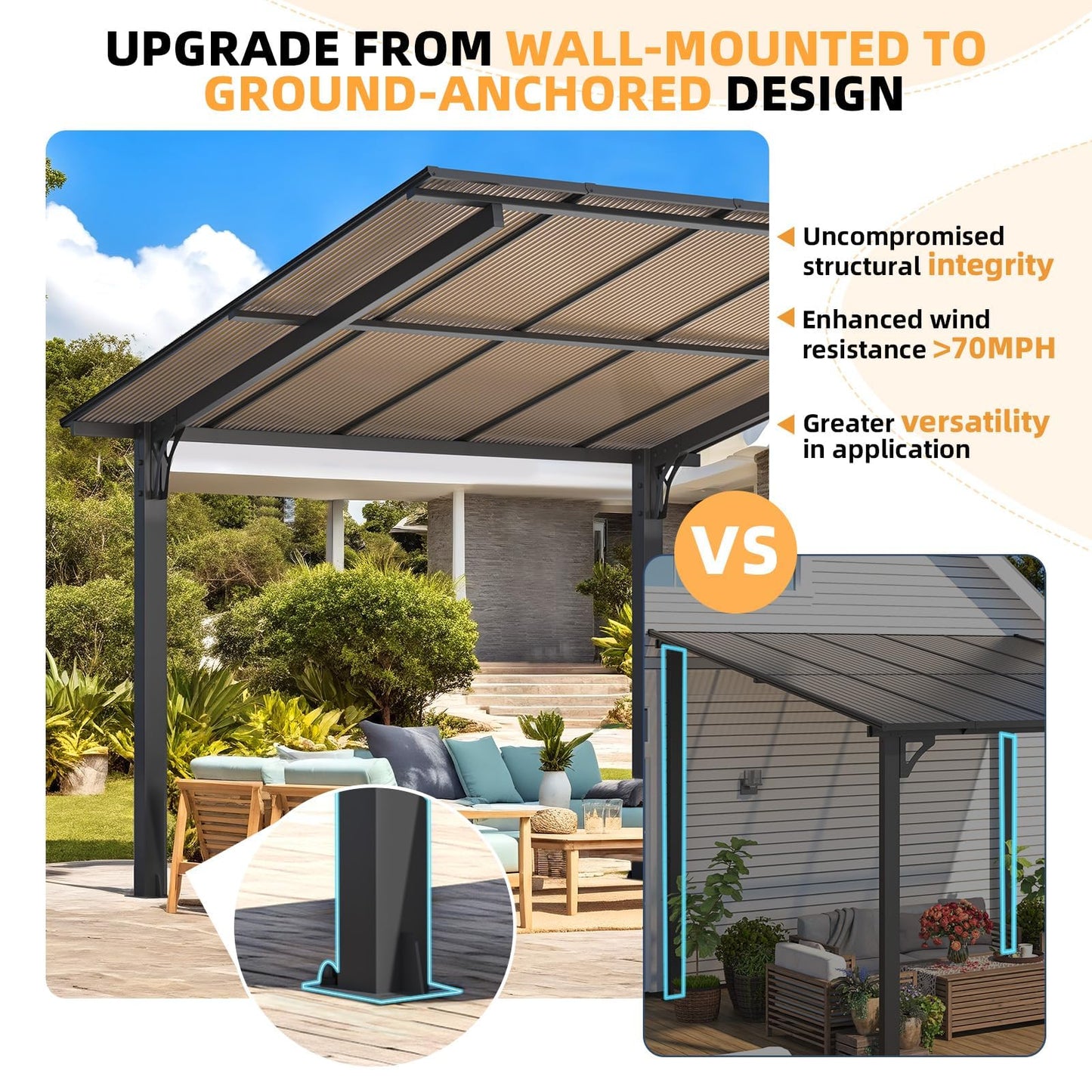 YODOLLA 4x3m Freestanding Hardtop Lean to Gazebo Pergola for Patio