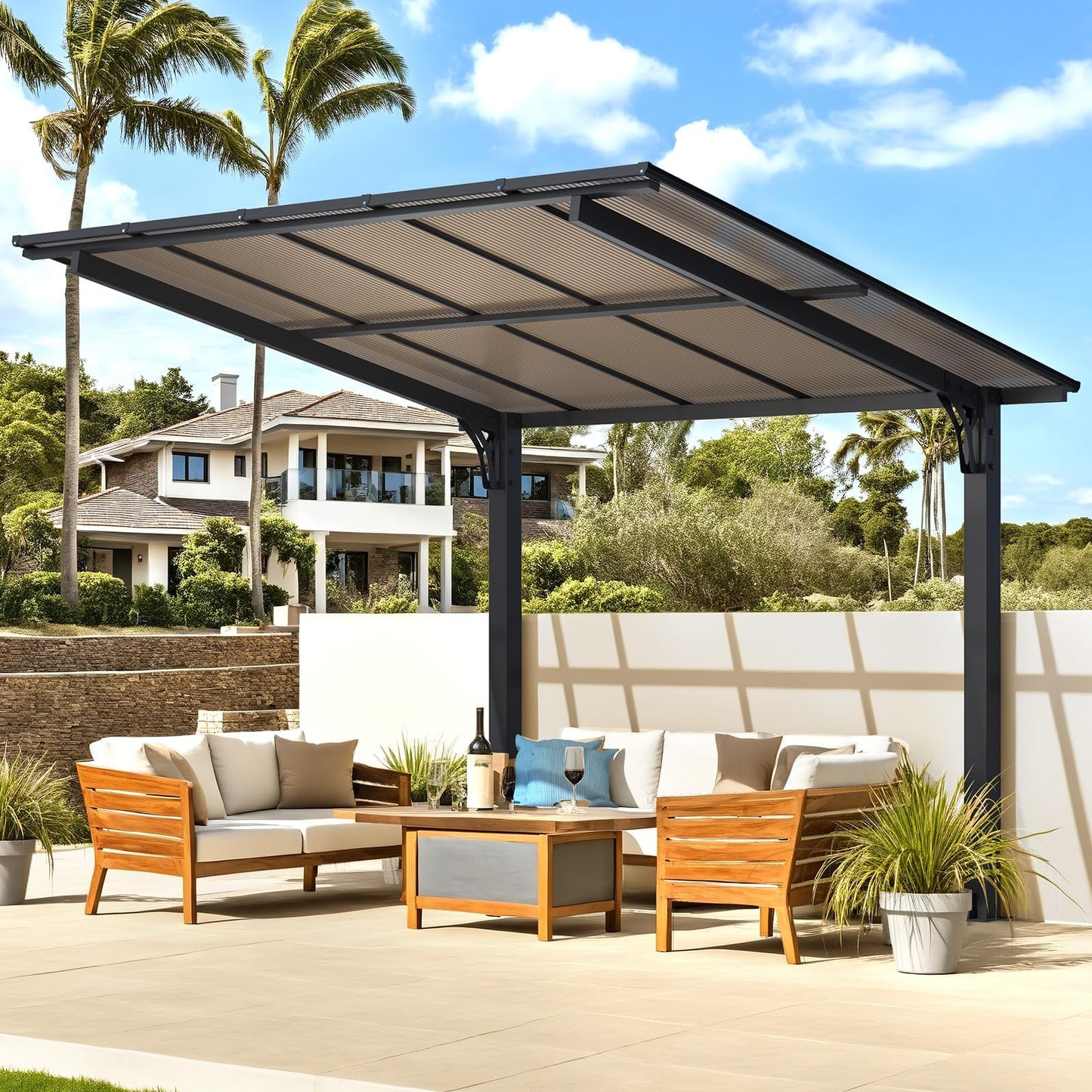 YODOLLA 3x2.6m Freestanding Hardtop Lean to Gazebo Pergola for Patio