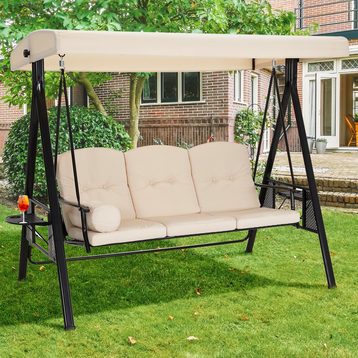 YODOLLA 3 Seater Garden Swing Chair with Adjustable Canopy & Cushions-Beige