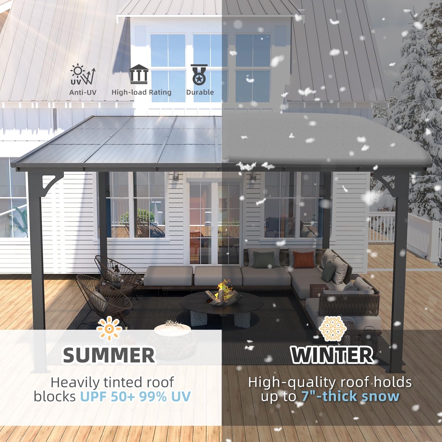 YODOLLA 3.65m x 3.65m Wall-Mounted Aluminium Awning Gazebo, Lean to Pergola