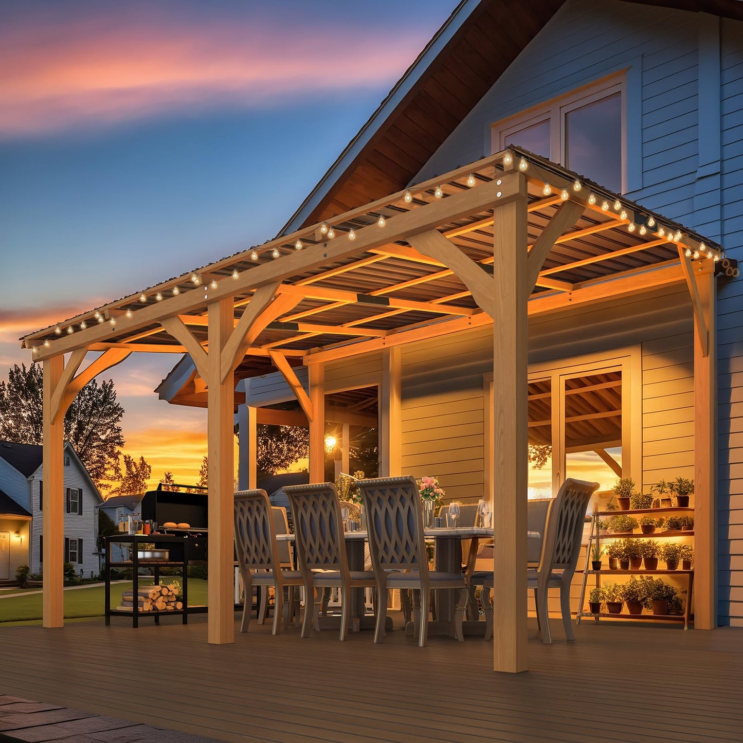 YODOLLA 3x3.65m Lean-to Hardtop Gazebo Outdoor Wood Cedar Wall Mounted Pergola