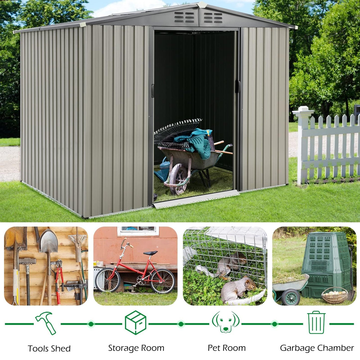 YODOLLA 8x6 ft Outdoor Storage Shed, Grey