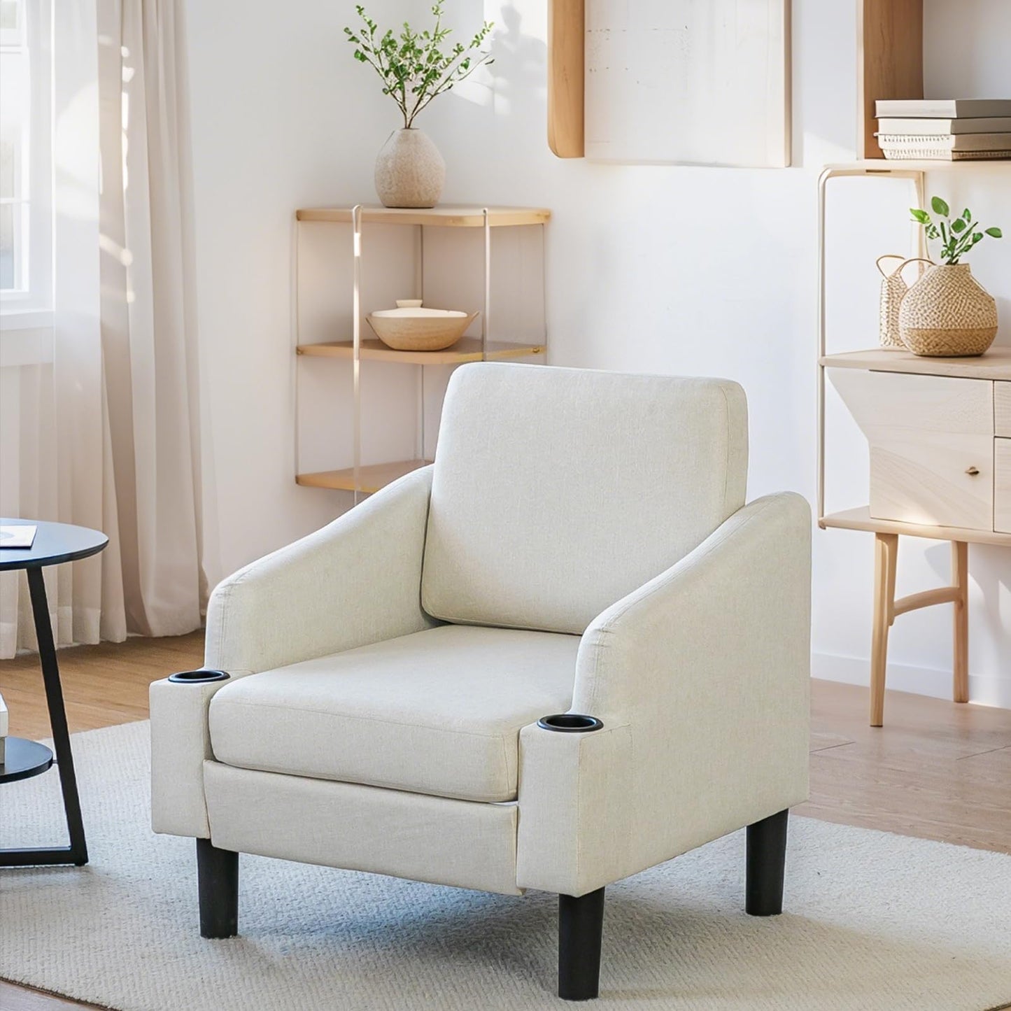 YODOLLA Fabric Accent Armchair with Cup Holders Upholstered Comfy Chair, Beige