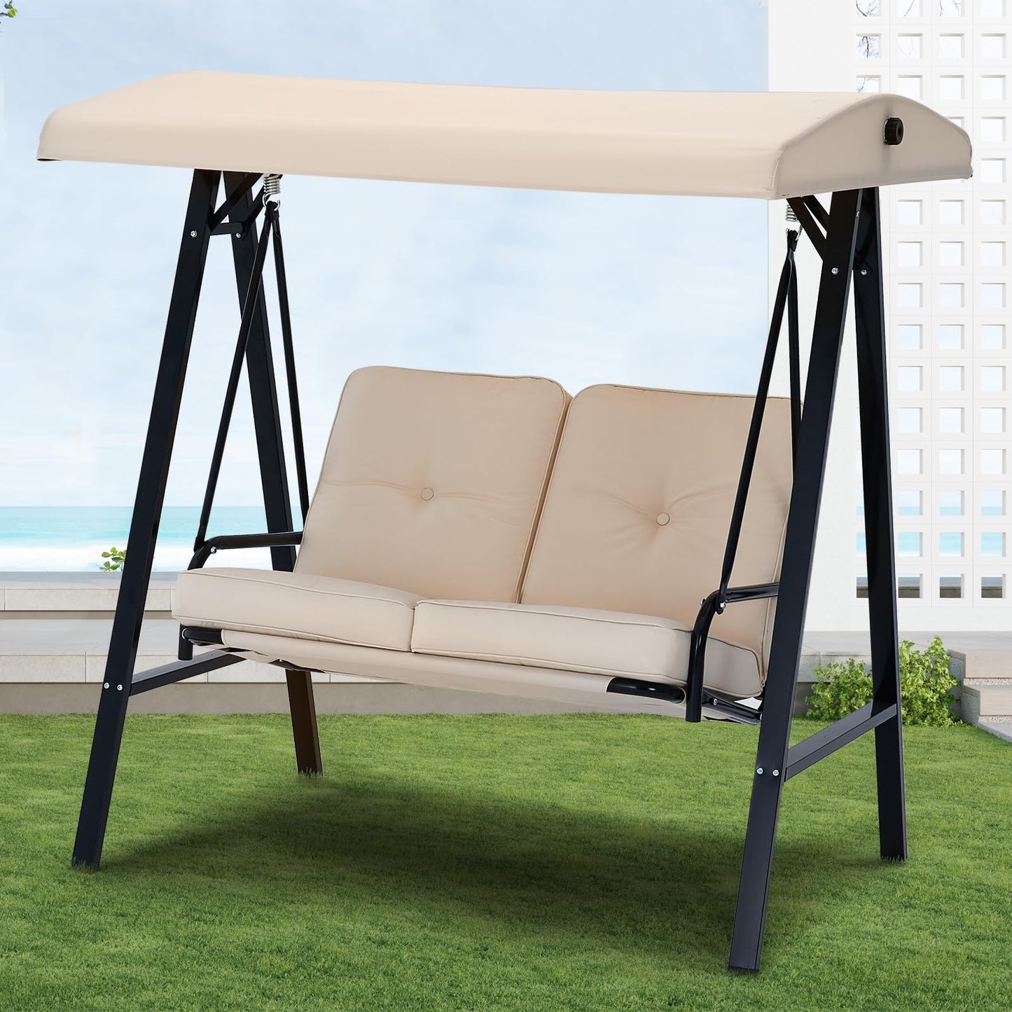 YODOLLA 2 Seater Garden Swing Chair with Adjustable Canopy & Cushions-Beige
