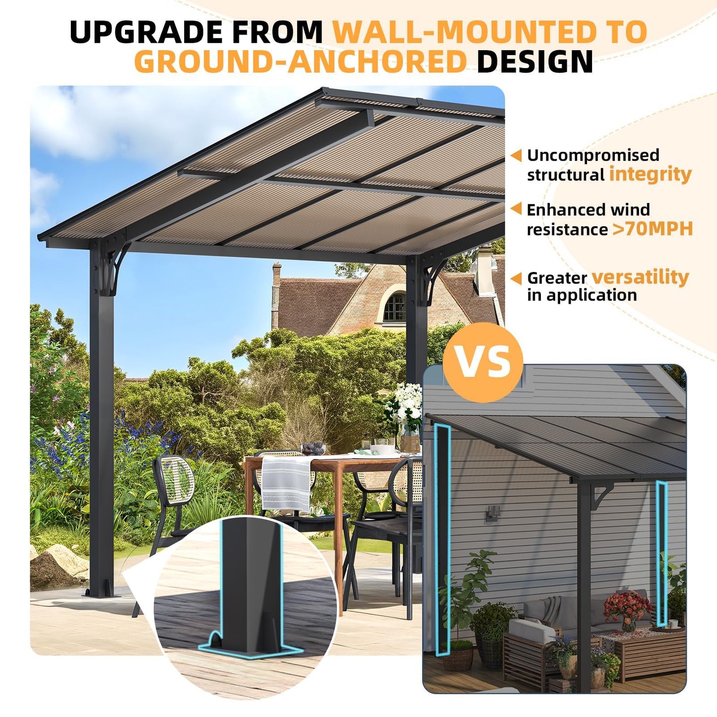 YODOLLA 3x2.6m Freestanding Hardtop Lean to Gazebo Pergola for Patio