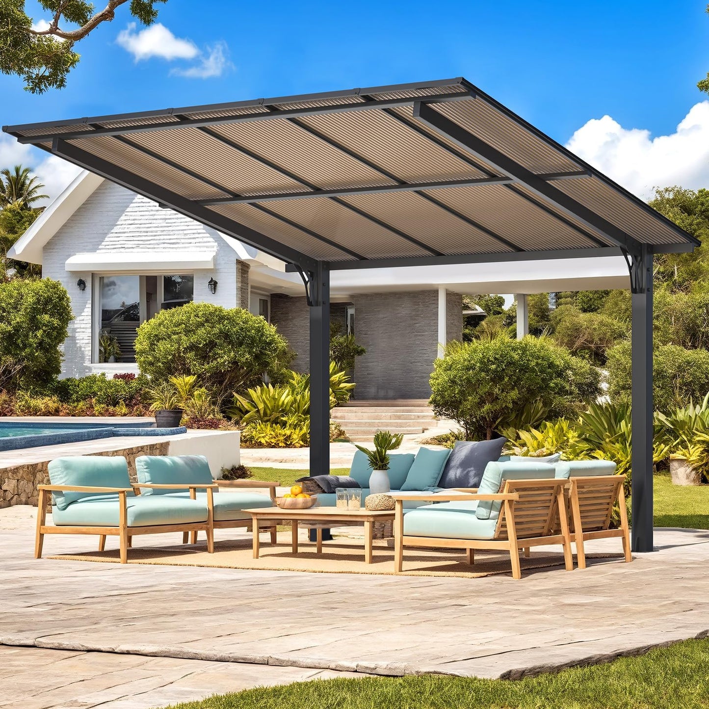 YODOLLA 3x3m Freestanding Hardtop Lean to Gazebo Pergola for Patio