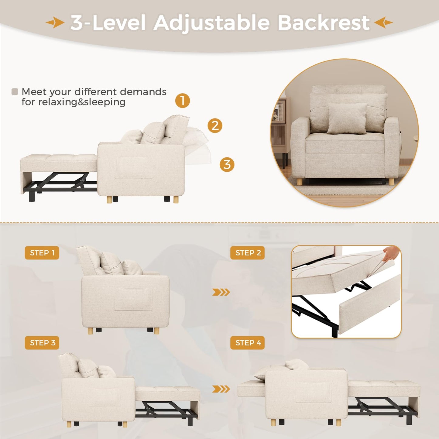 YODOLLA 3-in-1 Sleeper Sofa Bed, 192cm Convertible Single Sofa, Adjustable Armchair