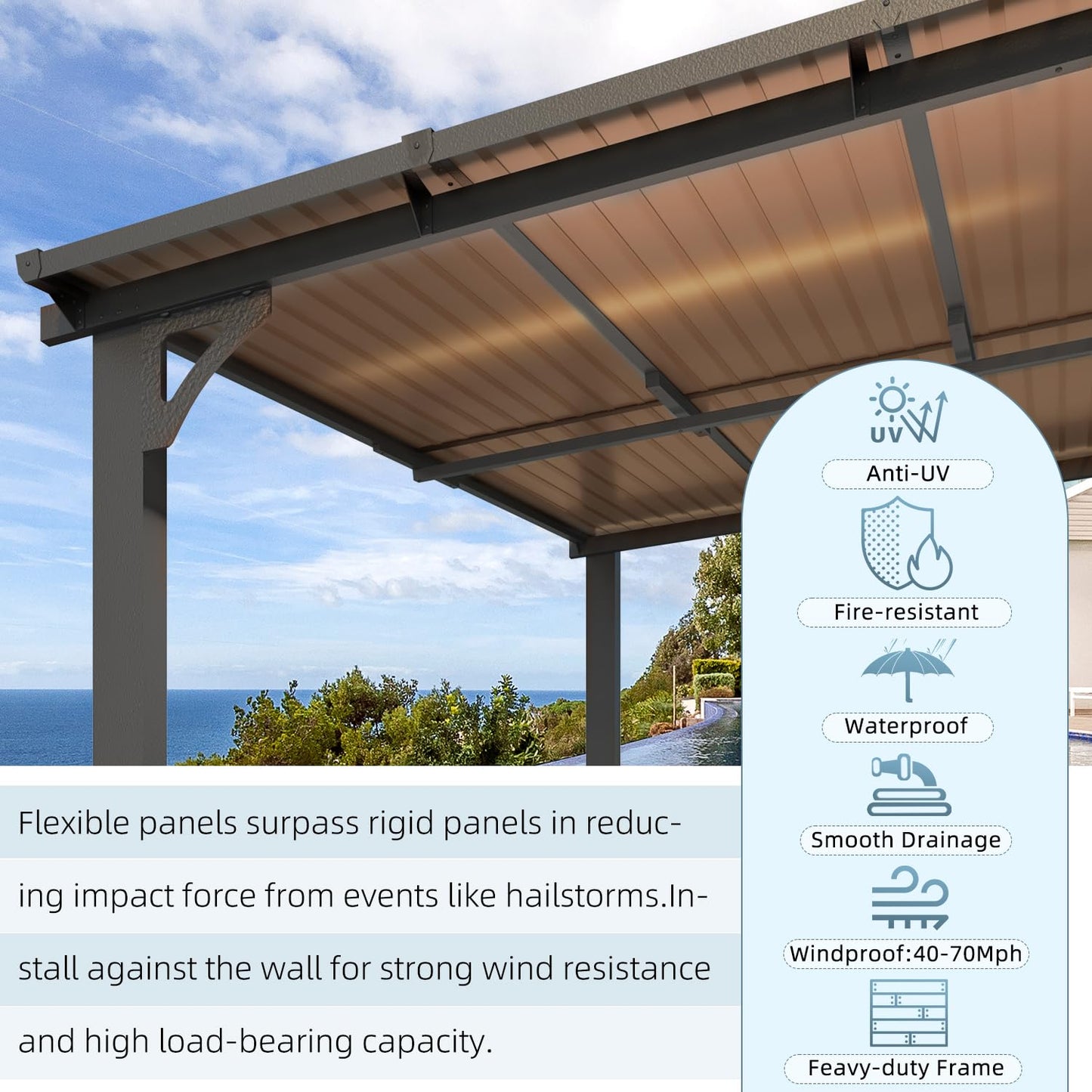 YODOLLA 3.65m x 3.65m Wall-Mounted Aluminium Awning Gazebo, Lean to Pergola