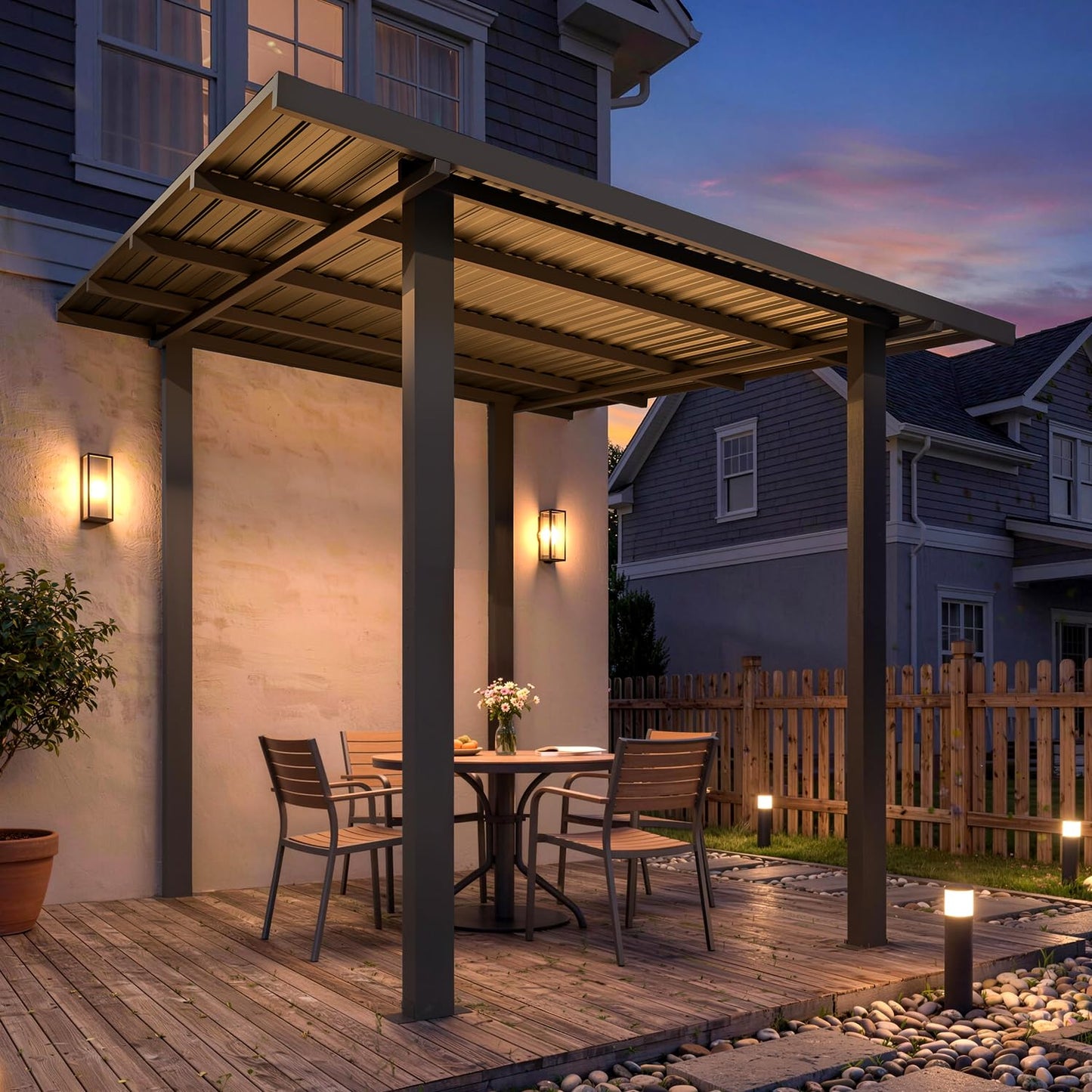 YODOLLA 2.4 x 2.4m Metal Lean-to Gazebo Wall-Mounted Iron Hardtop Roof Pergola