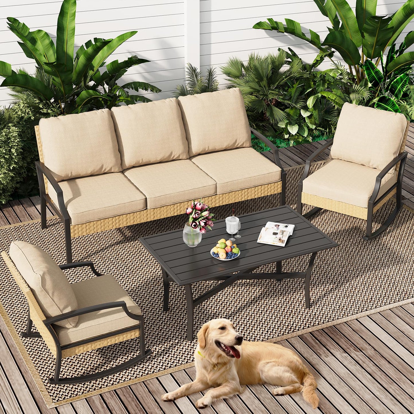 YODOLLA 4-Piece Patio Furniture Set with Rocking Chairs, Beige