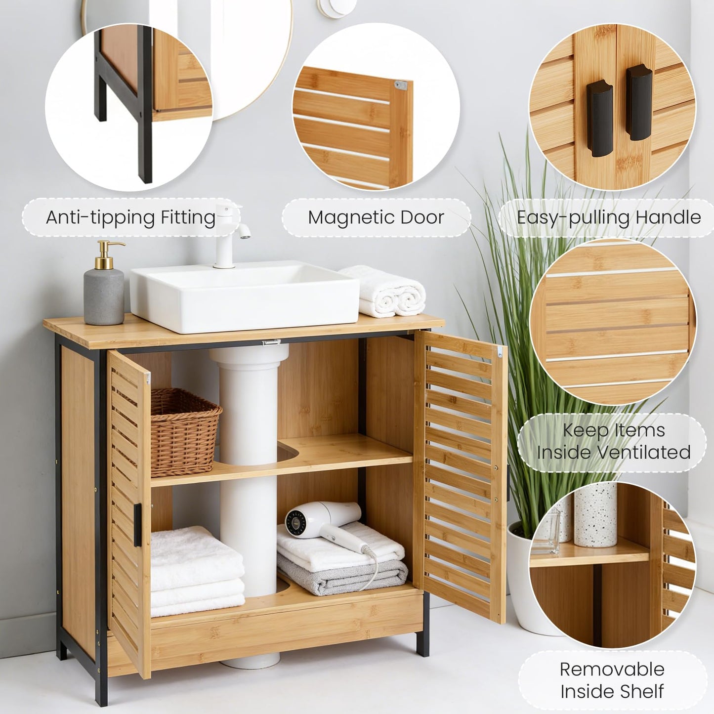 YODOLLA Bamboo Under Sink Bathroom Cabinet