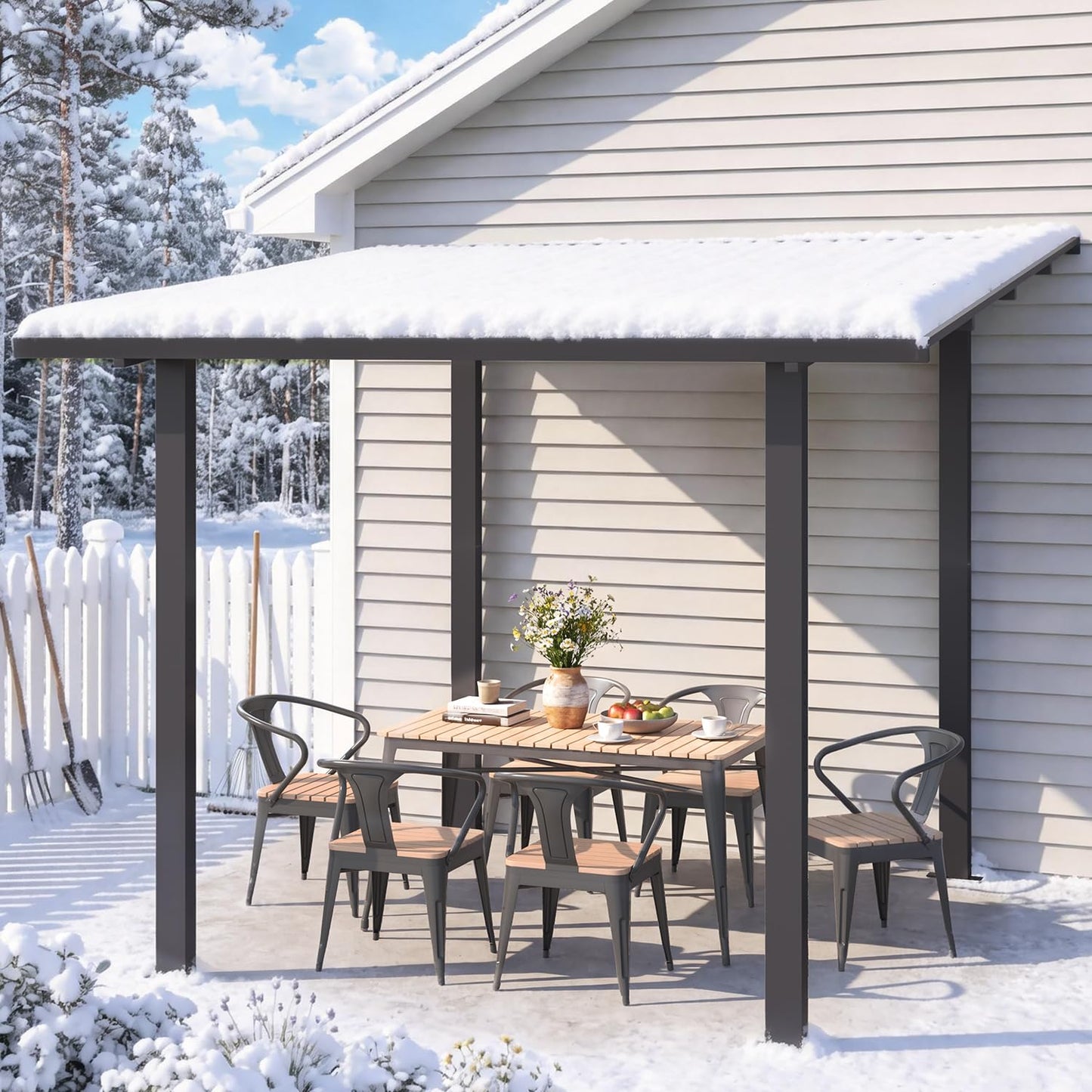 YODOLLA 2.4 x 3m Metal Lean-to Gazebo Wall-Mounted Iron Hardtop Roof Pergola