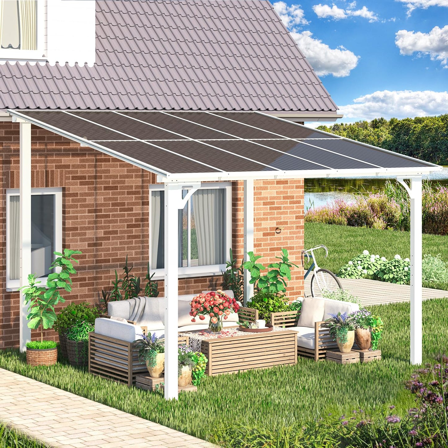YODOLLA 3x3m Aluminium Lean-to Gazebo, Wall-Mounted Hardtop Roof Pergola, White