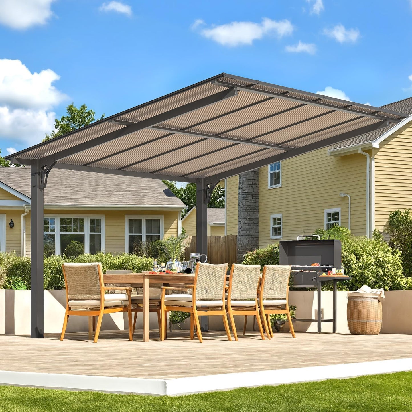 YODOLLA 3.56x3m Freestanding Hardtop Lean to Gazebo Pergola for Patio
