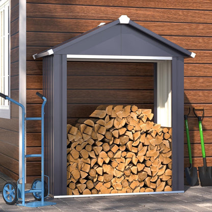 YODOLLA Heavy Duty Galvanized Steel Log Store Outdoor Firewood Shelter with Apex Roof, Grey