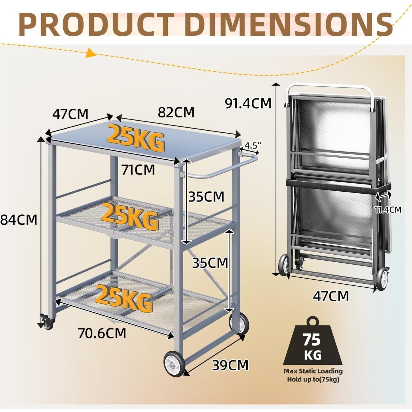 YODOLLA Foldable Stainless Pizza Oven Table,Three-Shelf Garden Food Trolley