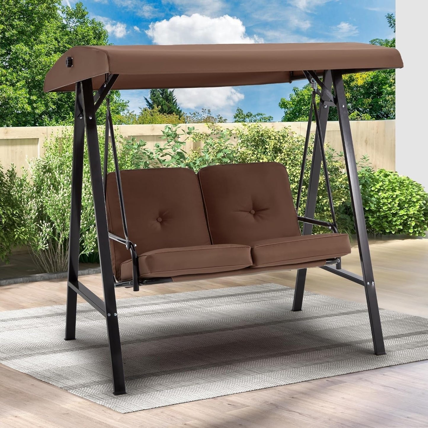YODOLLA 2 Seater Garden Swing Chair with Adjustable Canopy & Cushions-Brown