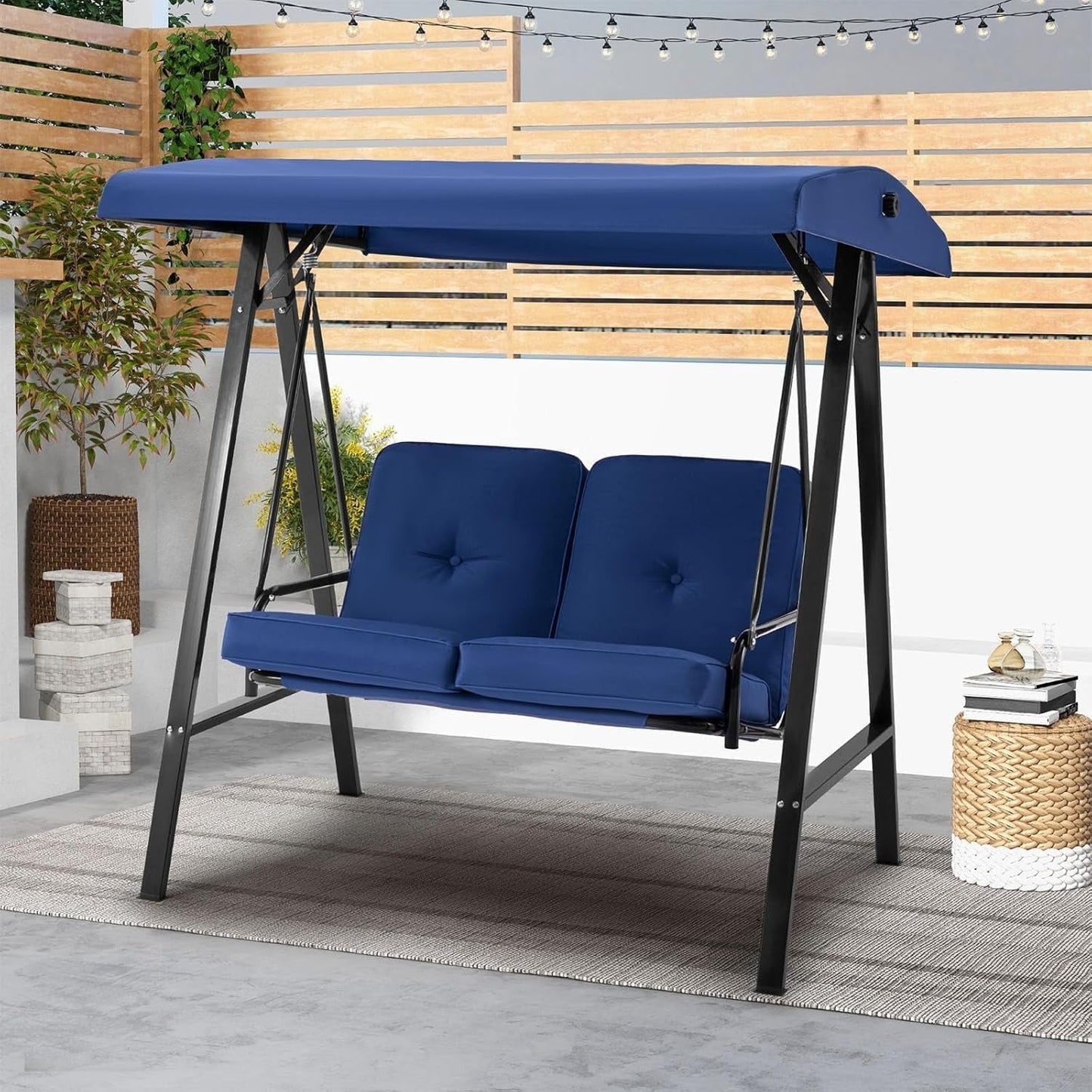 YODOLLA 2 Seater Garden Swing Chair with Adjustable Canopy & Cushions-Navy