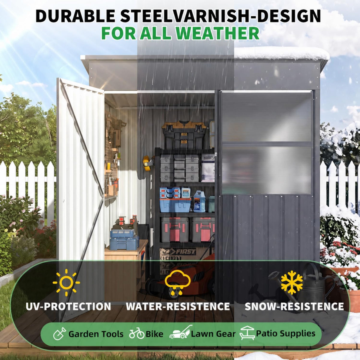 YODOLLA 6x6ft Galvanised Garden Storage Shed, Sunlight Window, Black