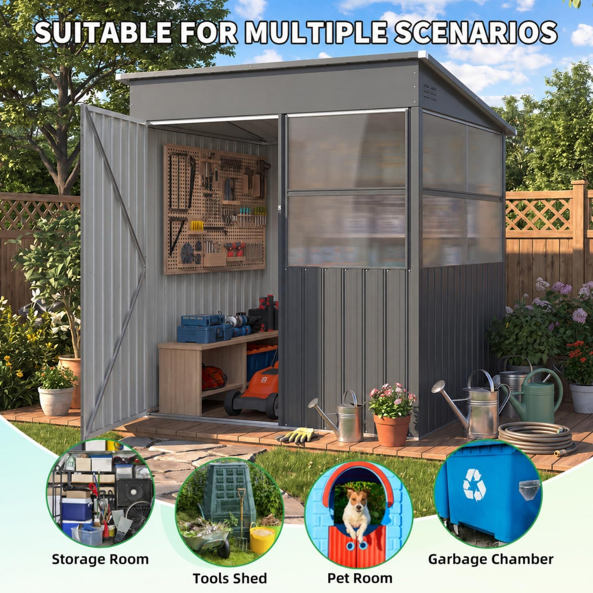 YODOLLA 6x6ft Galvanised Garden Storage Shed, Sunlight Window, Black