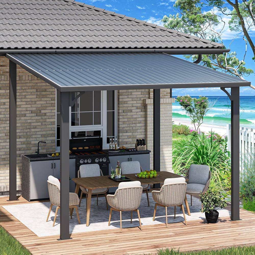 YODOLLA Hardtop Gazebo, Wall-Mounted Lean to Metal Awnings Pergola