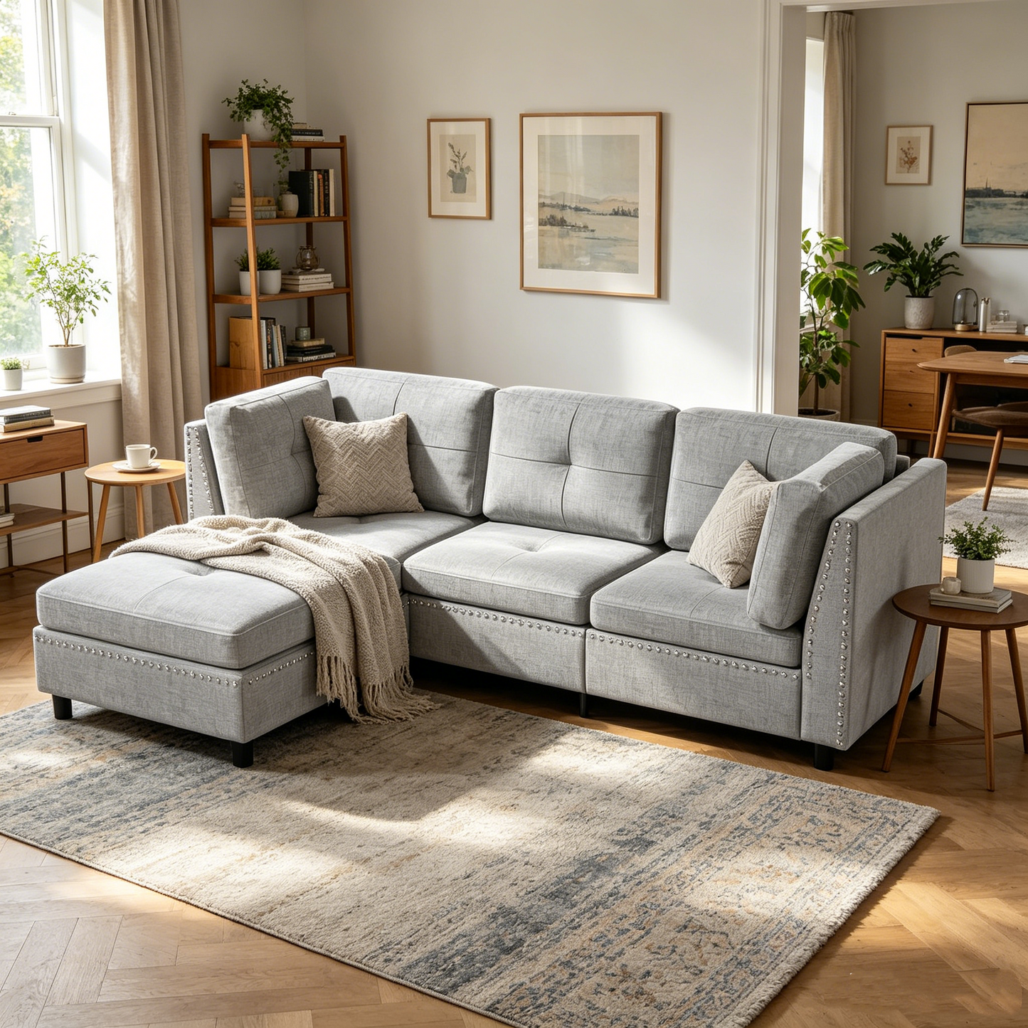 YODOLLA 225cm L-Shaped Corner Sofa, 3-4 Seater Modern Sofa Couch with Footstool
