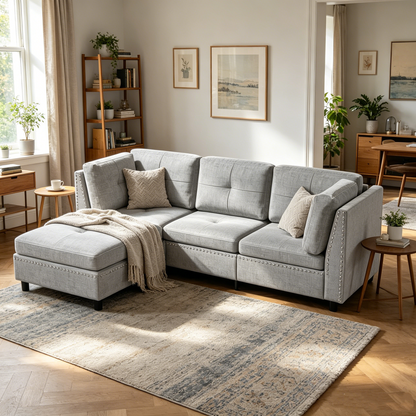 YODOLLA 225cm L-Shaped Corner Sofa, 3-4 Seater Modern Sofa Couch with Footstool