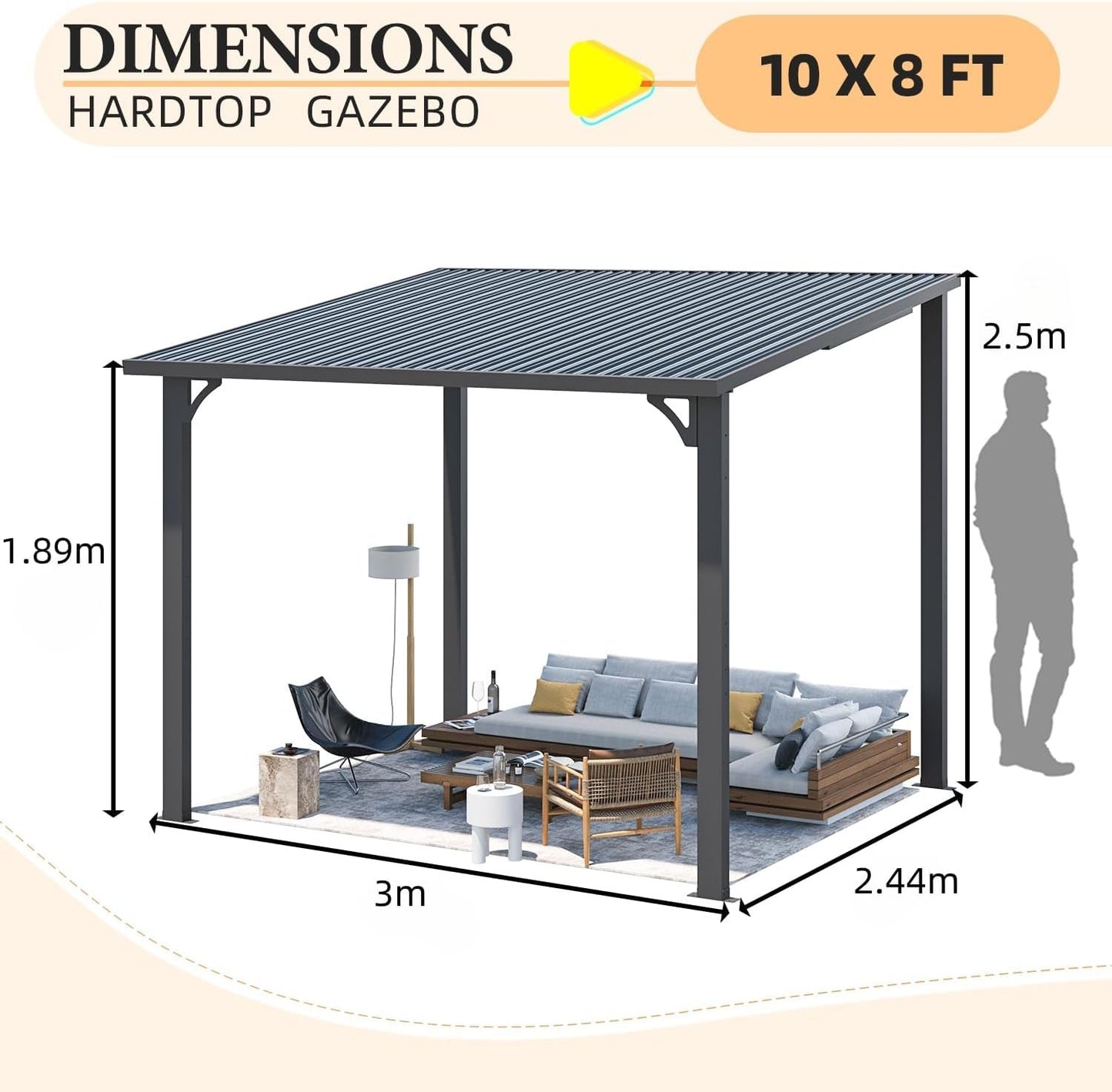 YODOLLA 2.4 X 3 m Small Wall-Mounted Lean to Pergola Gazebo with Curtains and Netting