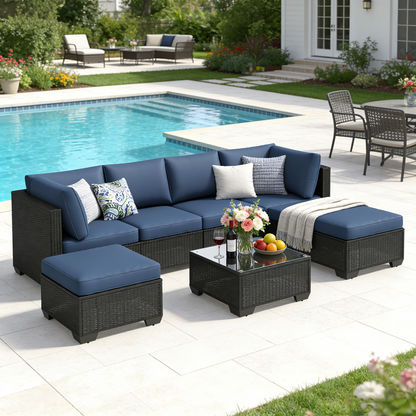 YODOLLA 7 Pieces Garden Furniture Sets, Wicker Weave Corner Sofa Set with Coffee Table