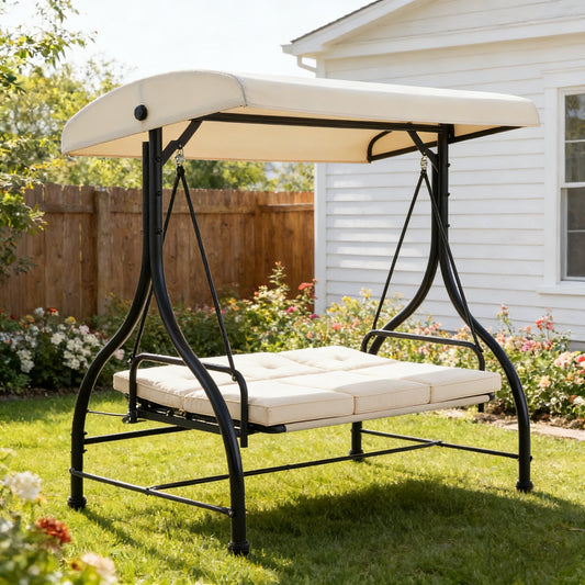 YODOLLA 3 Seater Garden Swing Seat Bed, Beige