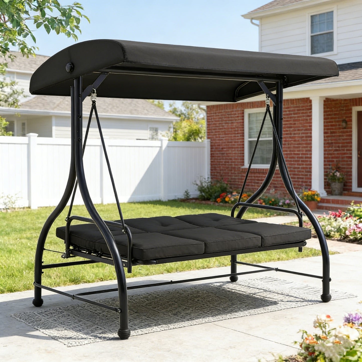 YODOLLA 3 Seater Garden Swing Seat Bed, Black