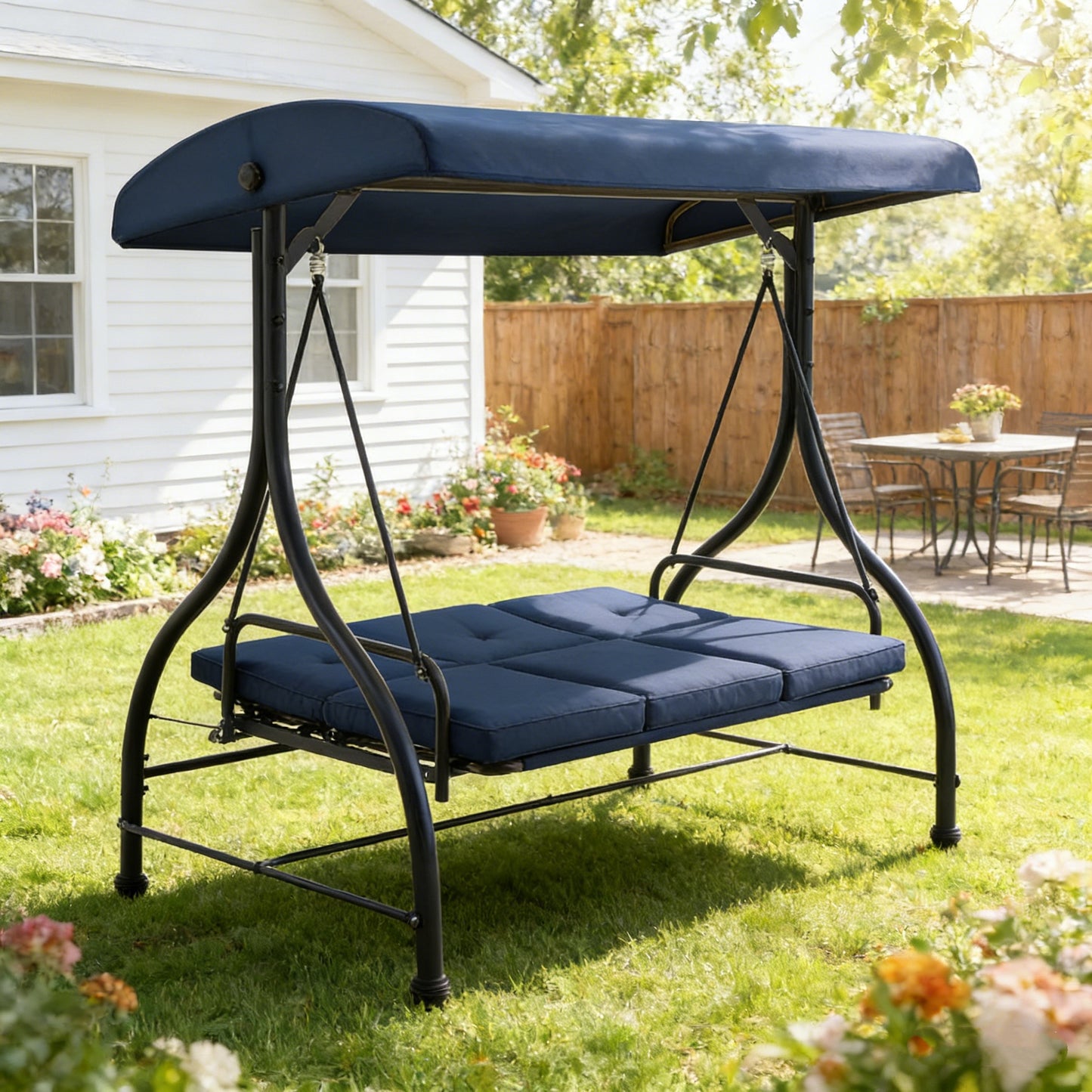 YODOLLA 3 Seater Garden Swing Seat Bed, Blue