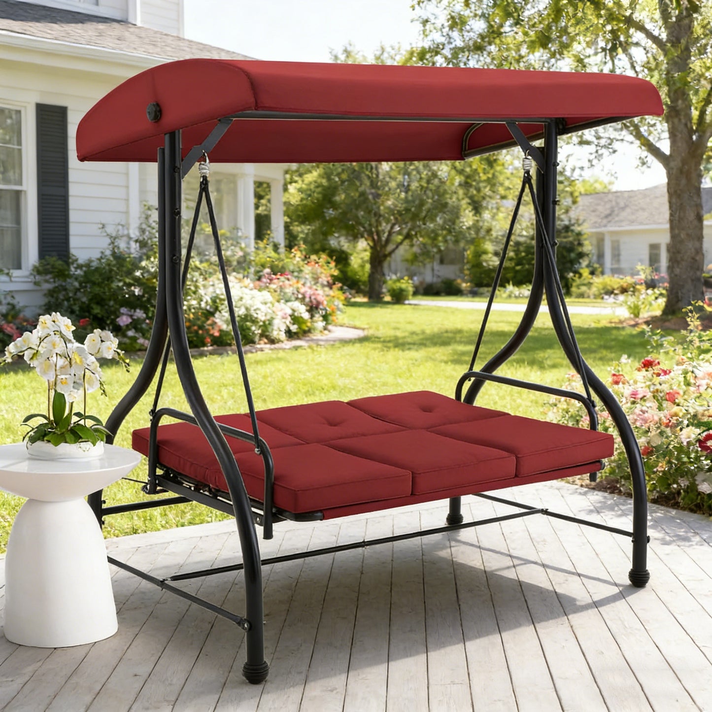 YODOLLA 3 Seater Garden Swing Seat Bed, Red