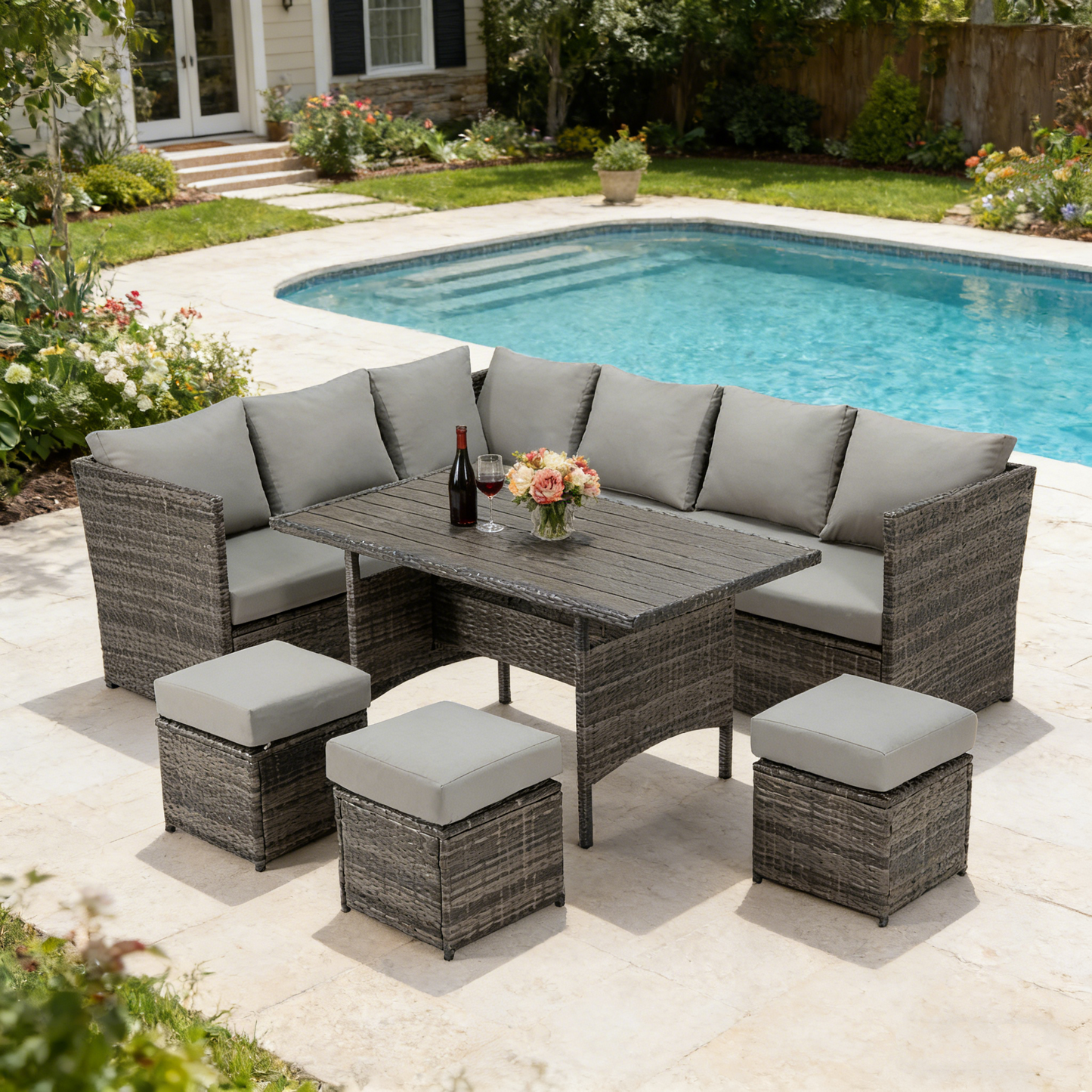 YODOLLA 7-Piece Outdoor Patio Furniture Set, Grey Rattan & Grey Cushion