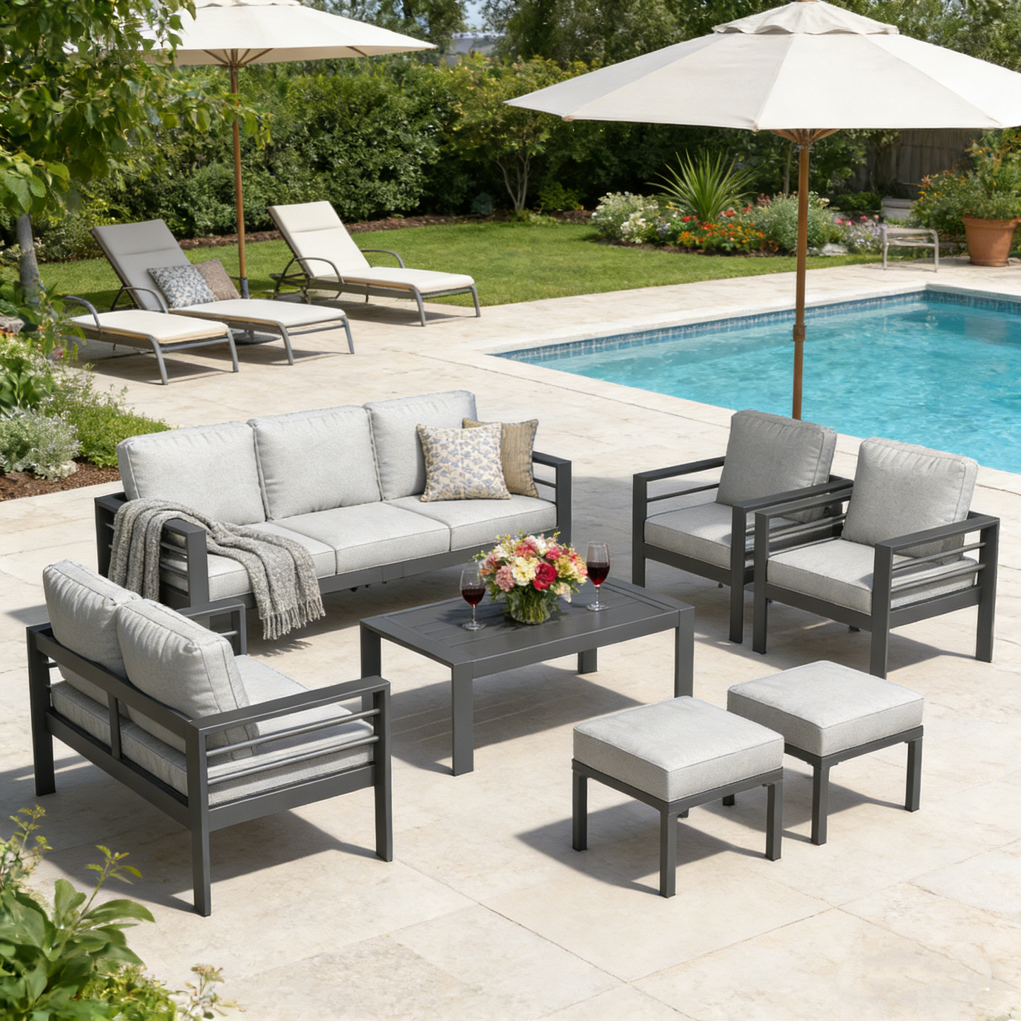 YODOLLA 7-Piece Aluminium Garden Furniture Set, 9 Seater Conversational Corner Sofa
