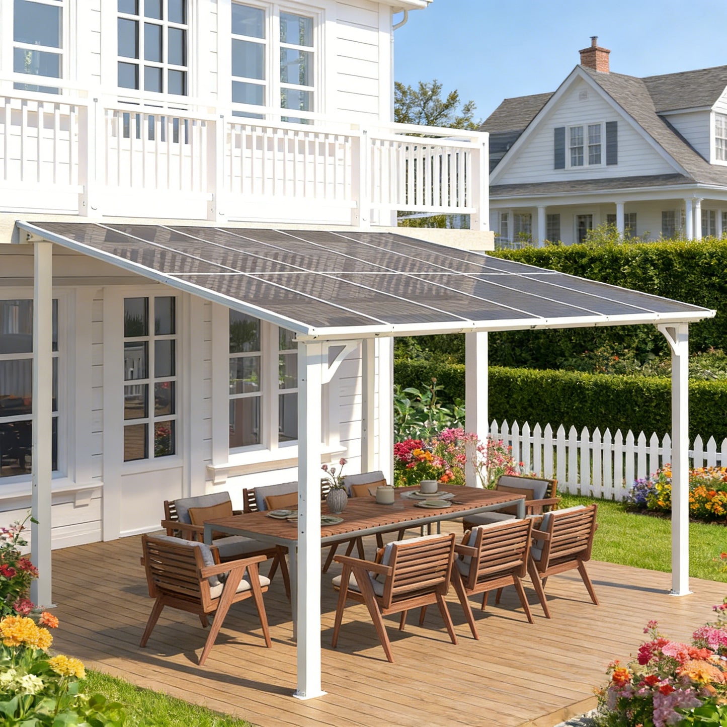 YODOLLA 3x3.65m Aluminium Lean-to Gazebo, Wall-Mounted Hardtop Roof Pergola, White