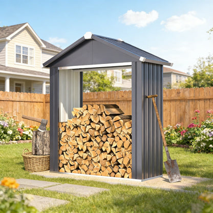 YODOLLA Heavy Duty Galvanized Steel Log Store Outdoor Firewood Shelter with Apex Roof, Grey