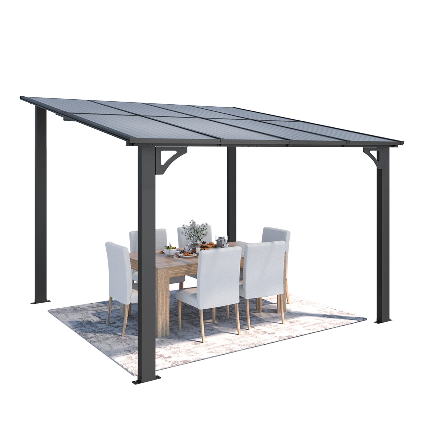 YODOLLA 2.4x2.4m Aluminium Lean-to Gazebo Wall-Mounted Hardtop Roof Pergola, Dark Grey