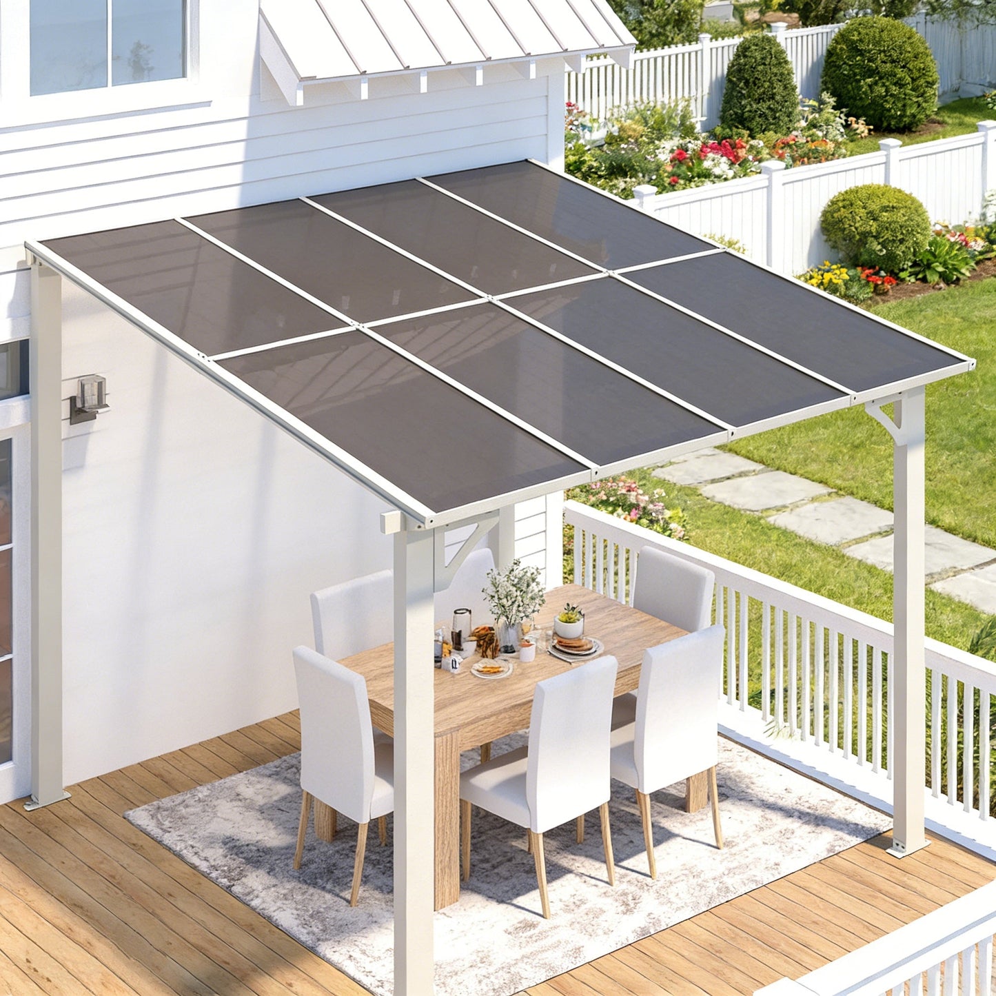 YODOLLA 2.4x2.4m Aluminium Lean-to Gazebo Wall-Mounted Hardtop Roof Pergola, White