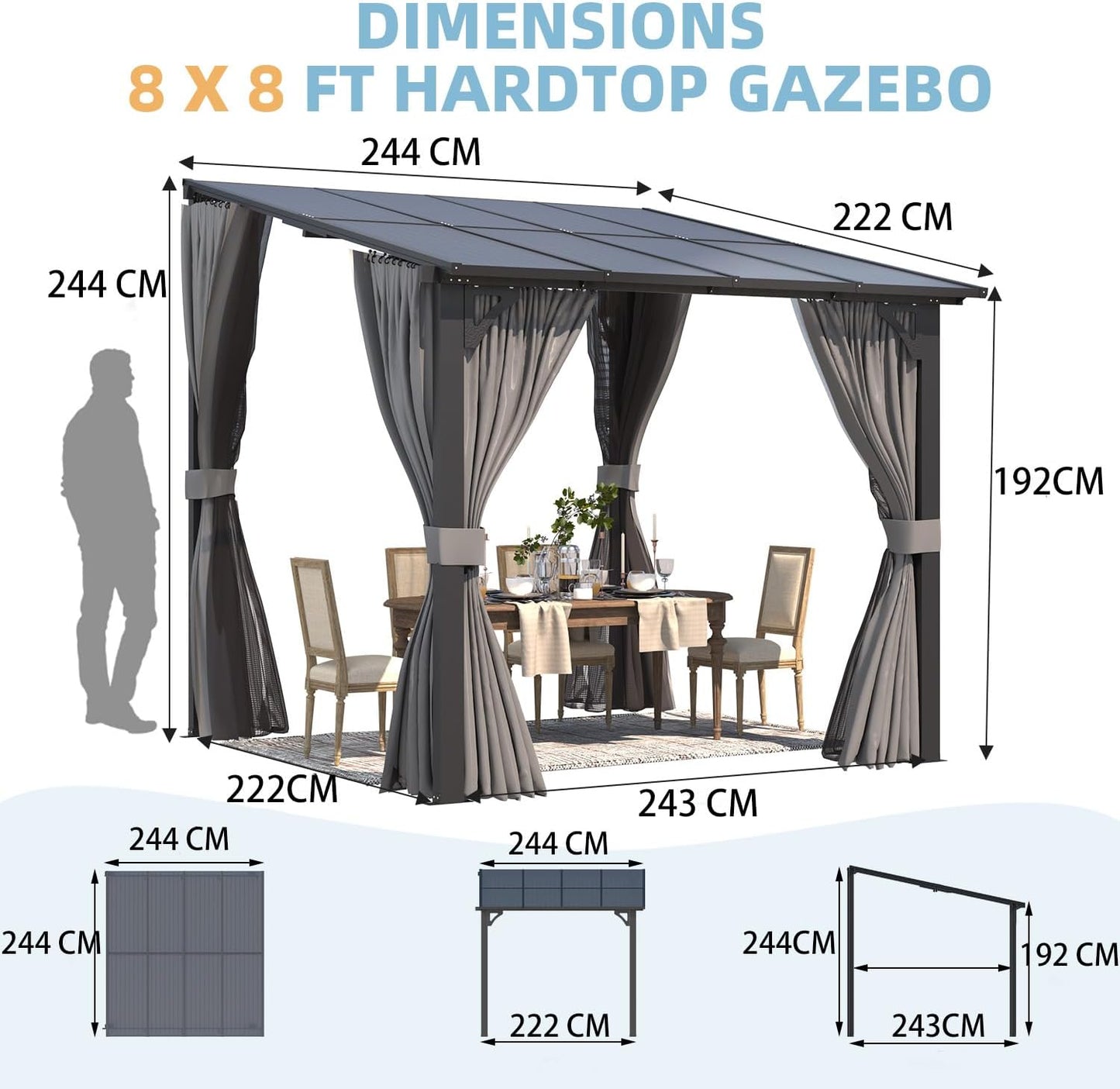 YODOLLA 2.4x2.4m Wall-Mounted Lean to Pergola Gazebo with Curtains and Netting