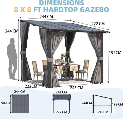 YODOLLA 2.4x2.4m Wall-Mounted Lean to Pergola Gazebo with Curtains and Netting