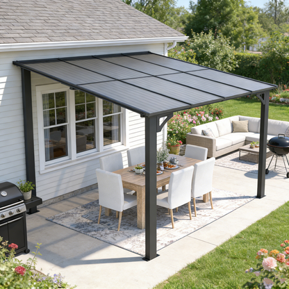 YODOLLA 2.4x2.4m Aluminium Lean-to Gazebo Wall-Mounted Hardtop Roof Pergola, Dark Grey