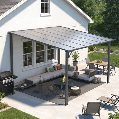 YODOLLA 3.65m x 3.65m Wall-Mounted Aluminium Awning Gazebo, Lean to Pergola