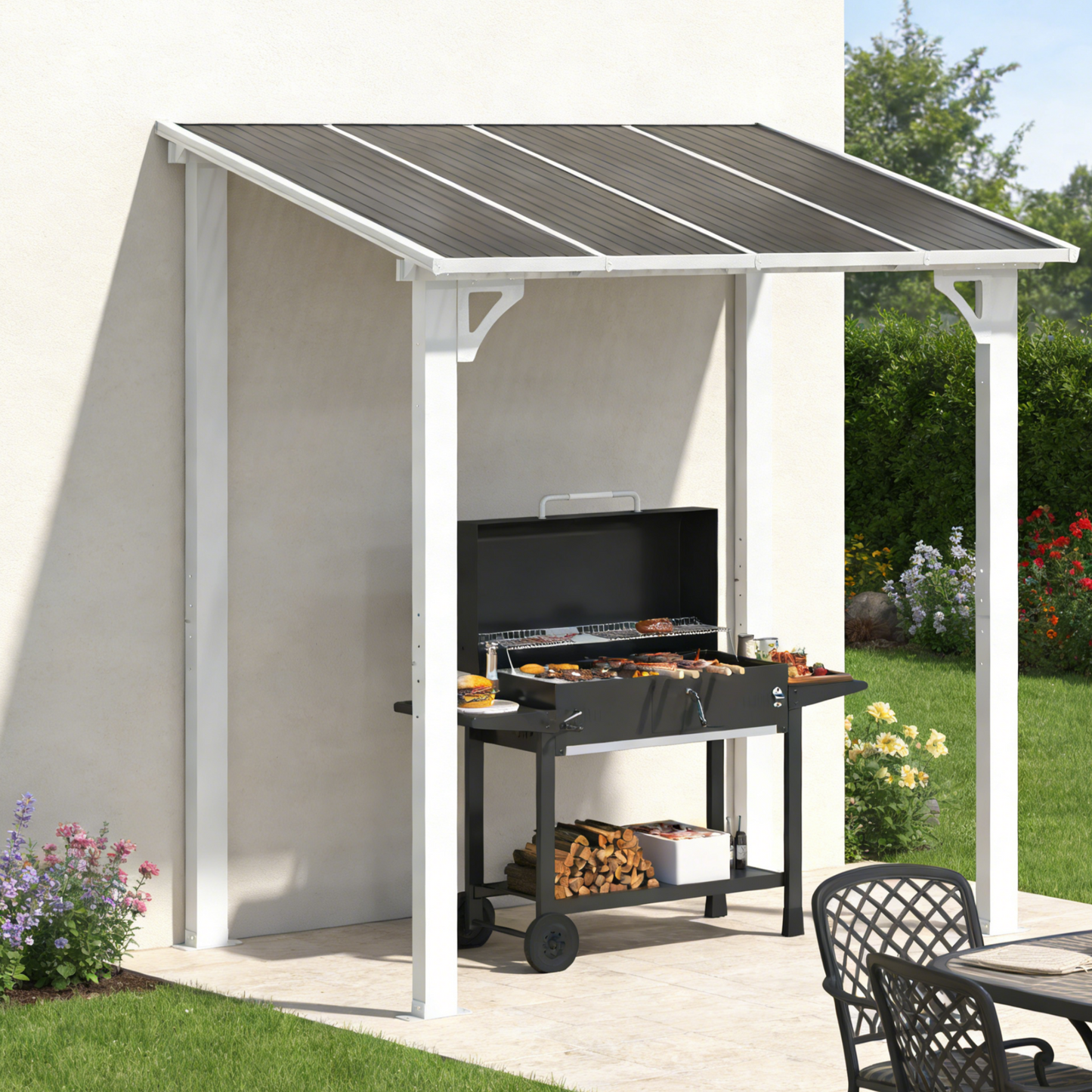 YODOLLA 2.4x1.5m Aluminium Lean-to Gazebo Wall-Mounted Hardtop Roof Pergola, White